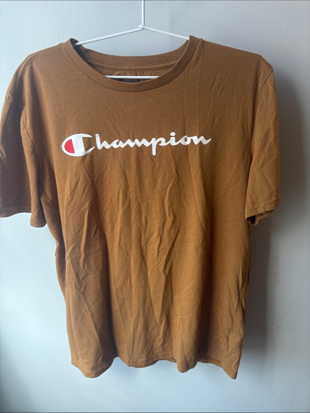 Champion Brown Logo Tee with White Script and Red Accent